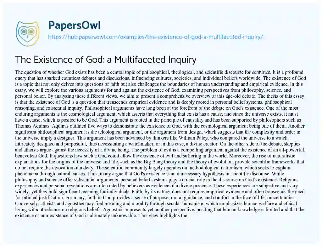 Essay on The Existence of God: a Multifaceted Inquiry