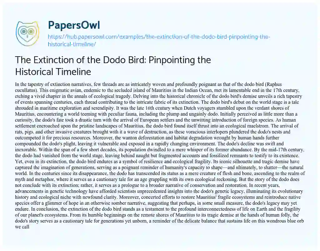 Essay on The Extinction of the Dodo Bird: Pinpointing the Historical Timeline