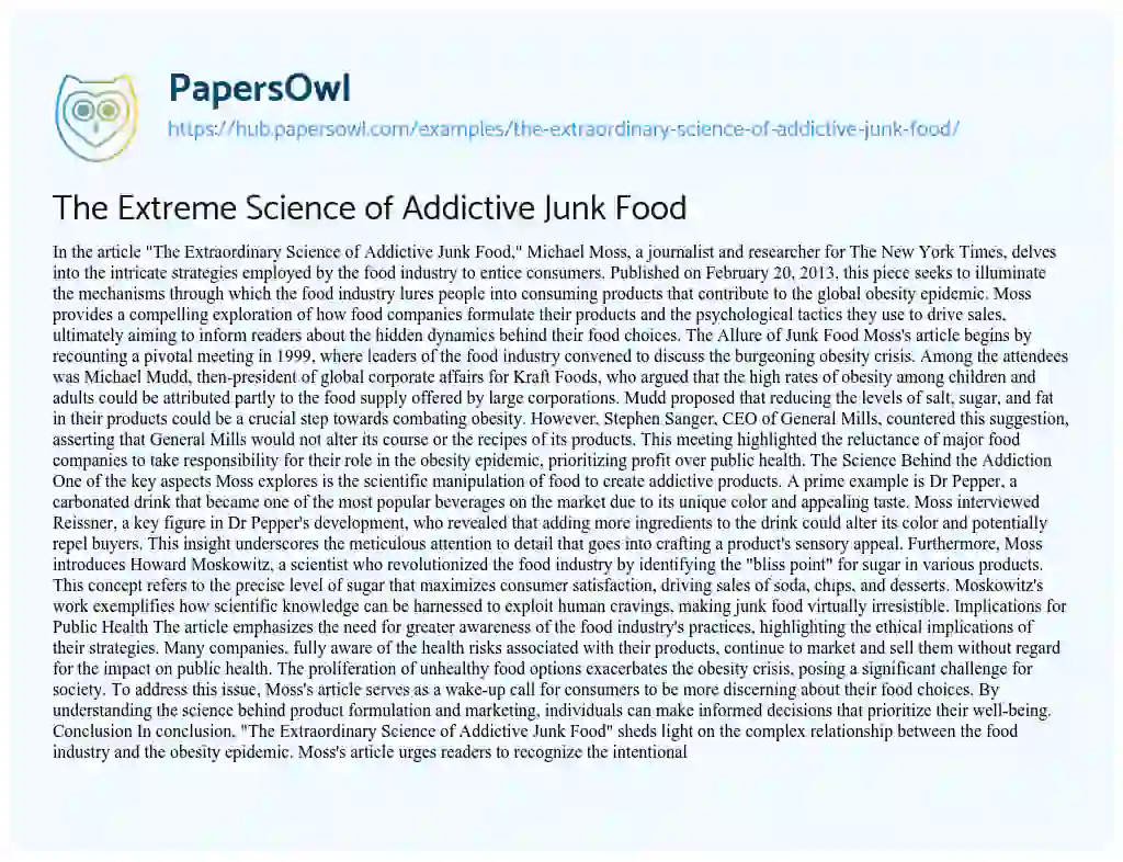 Essay on The Extreme Science of Addictive Junk Food