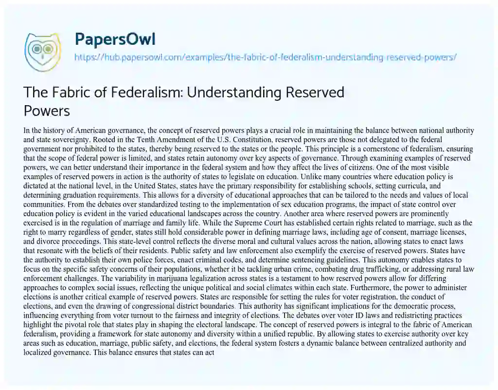 Essay on The Fabric of Federalism: Understanding Reserved Powers