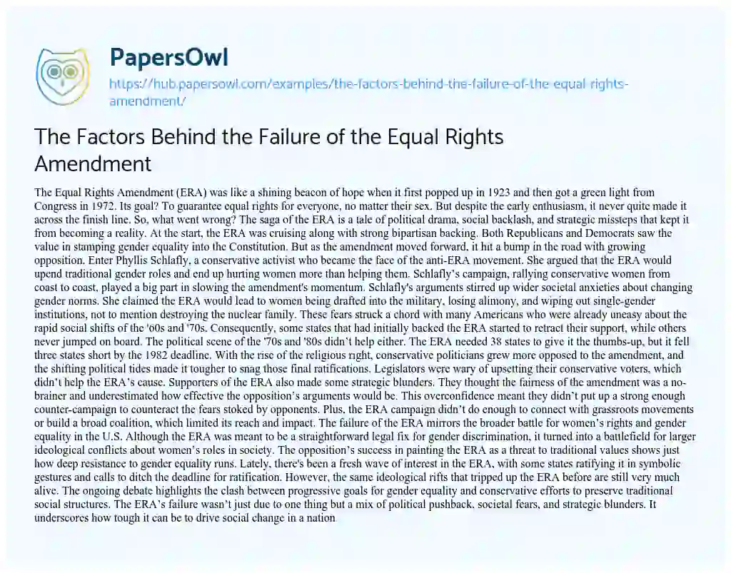 Essay on The Factors Behind the Failure of the Equal Rights Amendment