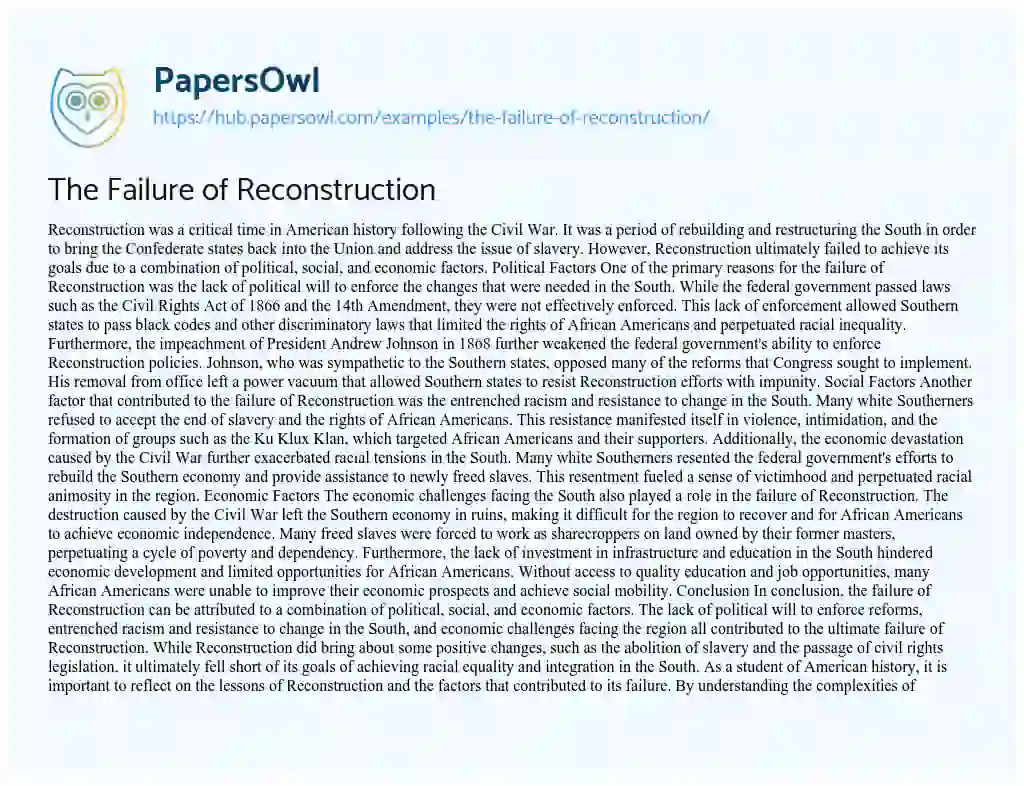 Essay on The Failure of Reconstruction