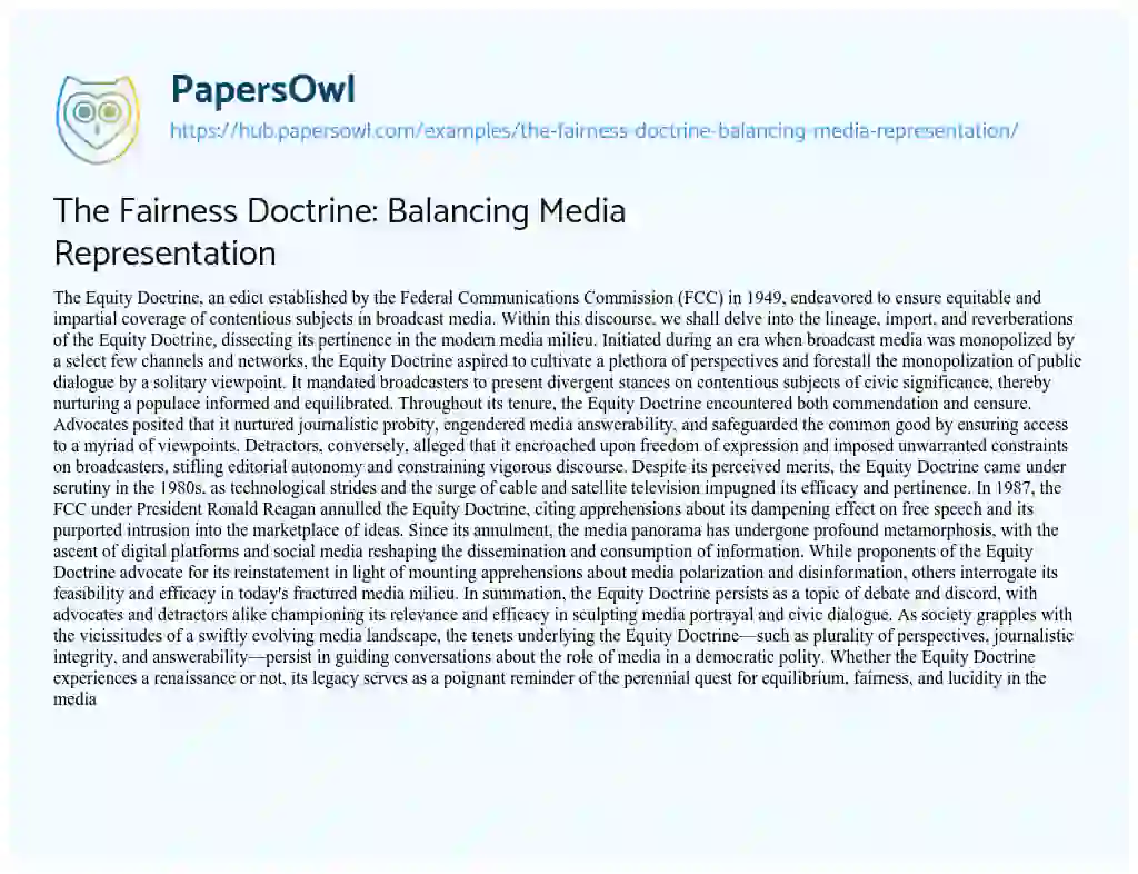 Essay on The Fairness Doctrine: Balancing Media Representation