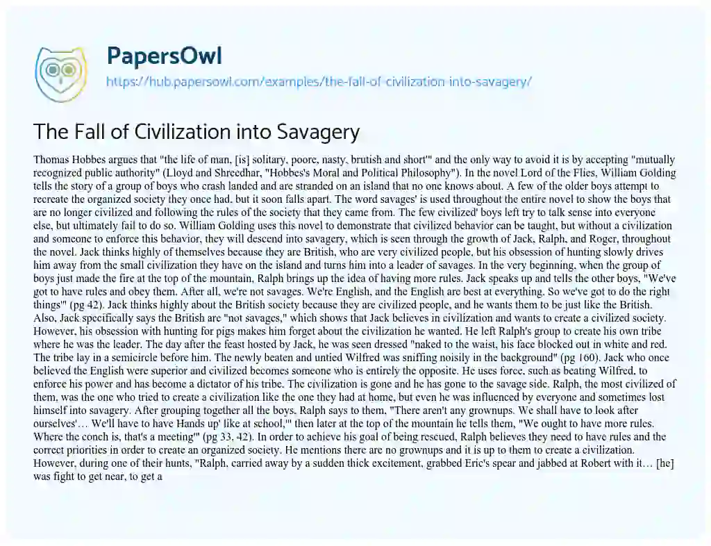 Essay on The Fall of Civilization into Savagery