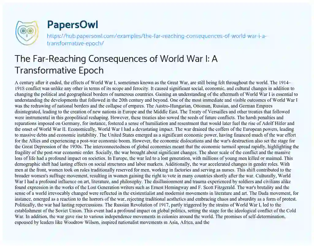 Essay on The Far-Reaching Consequences of World War I: A Transformative Epoch