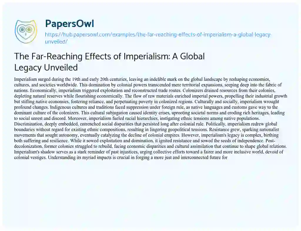 Essay on The Far-Reaching Effects of Imperialism: A Global Legacy Unveiled