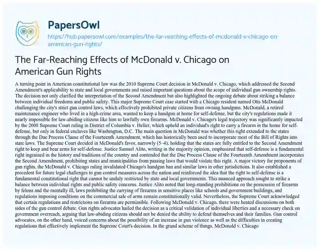 Essay on The Far-Reaching Effects of McDonald v. Chicago on American Gun Rights