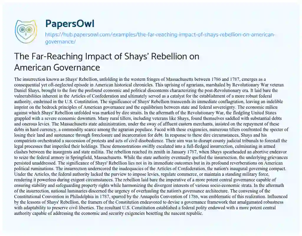 Essay on The Far-Reaching Impact of Shays’ Rebellion on American Governance