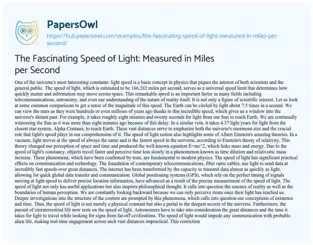 Essay on The Fascinating Speed of Light: Measured in Miles per Second