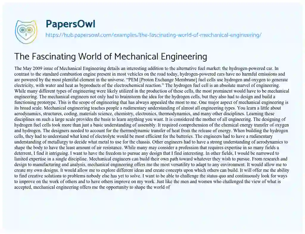 Essay on The Fascinating World of Mechanical Engineering