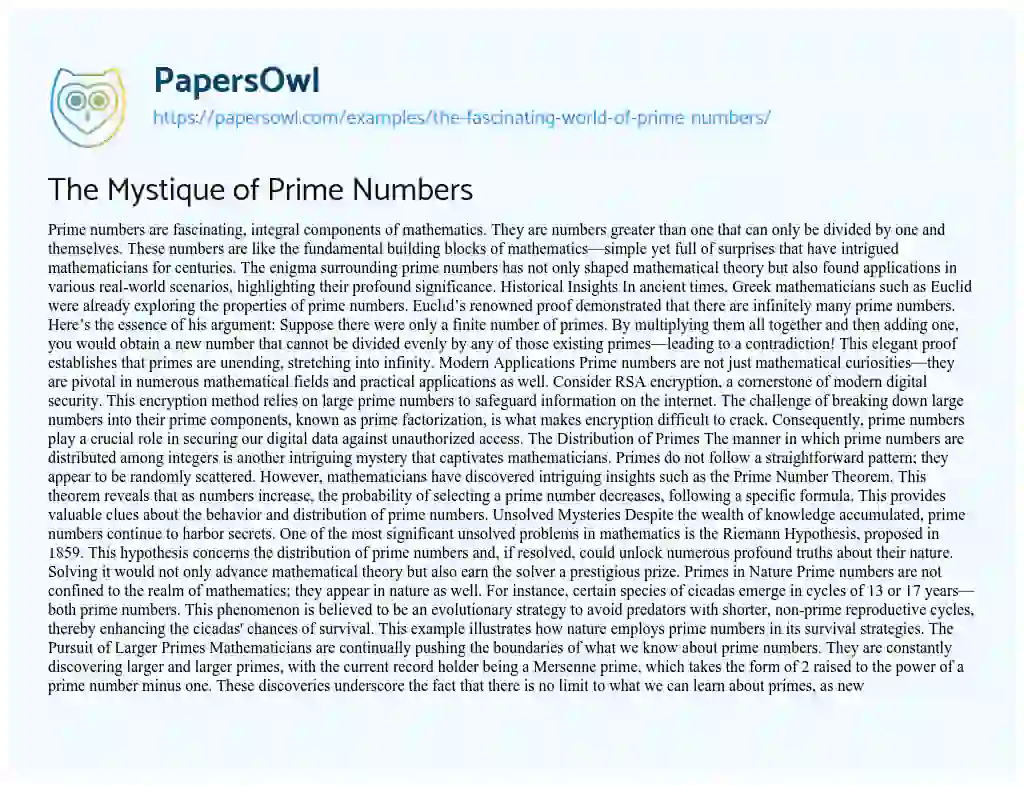 Essay on The Mystique of Prime Numbers