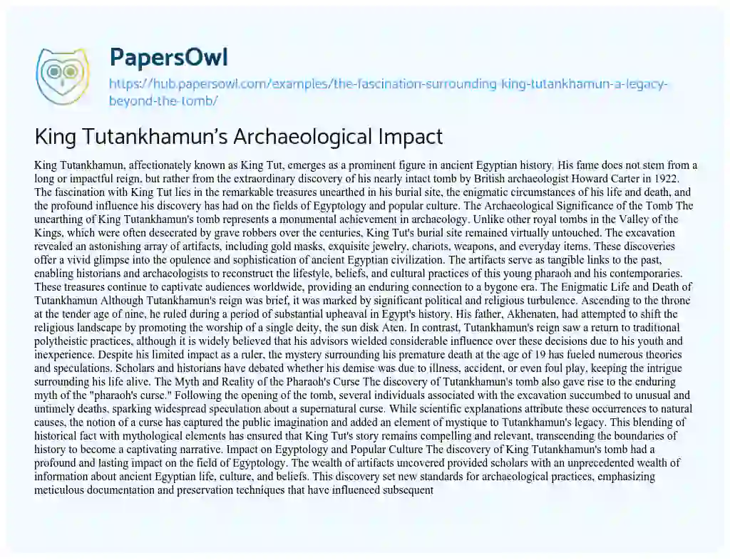 Essay on King Tutankhamun’s Archaeological Impact