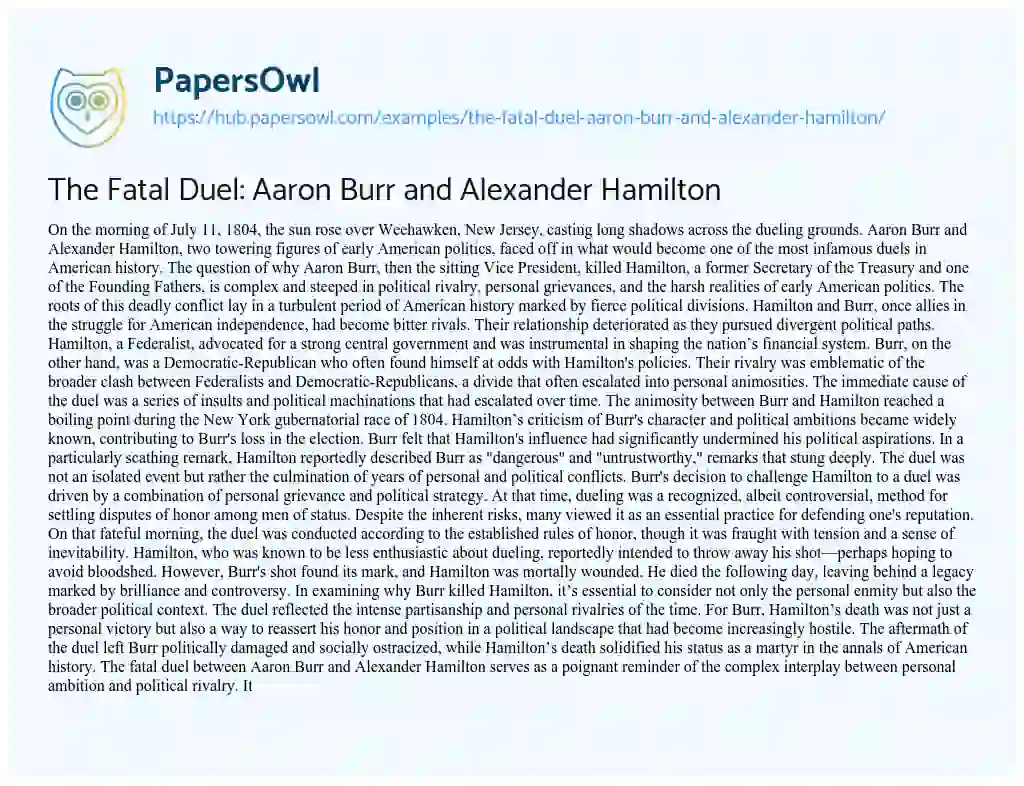 Essay on The Fatal Duel: Aaron Burr and Alexander Hamilton