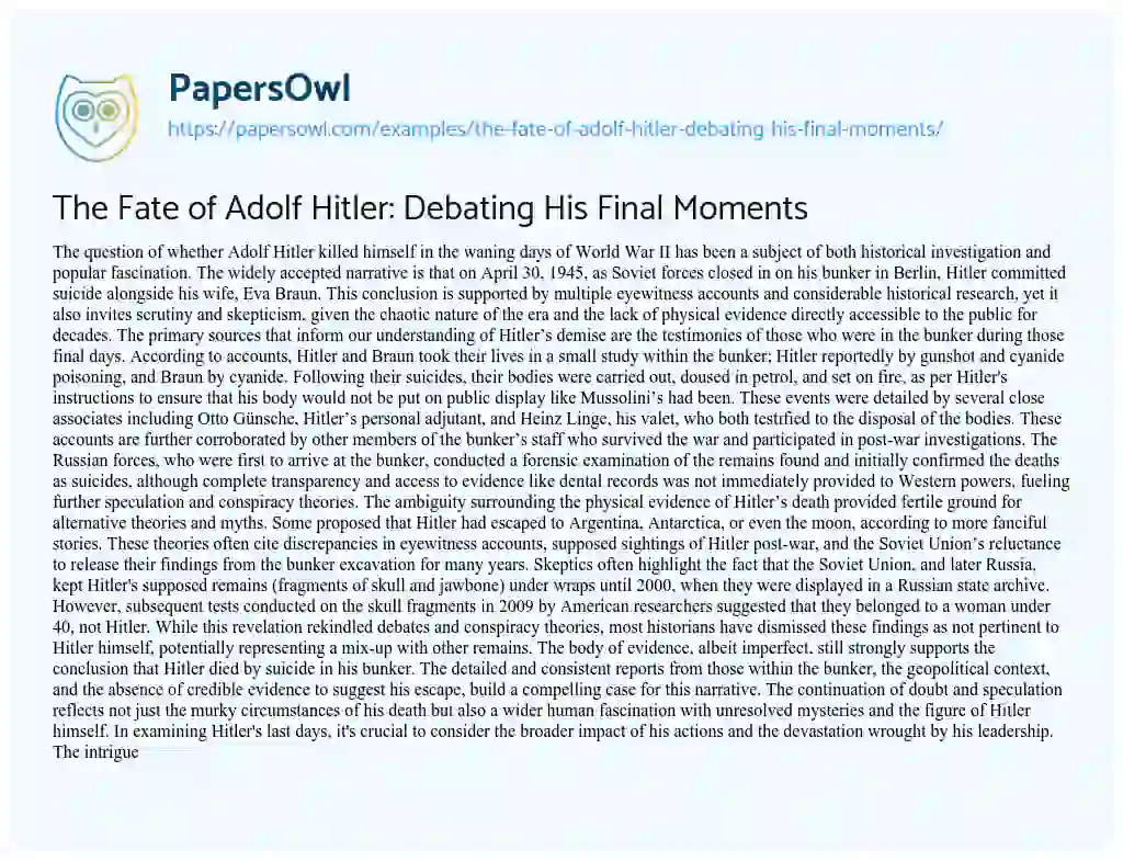 Essay on The Fate of Adolf Hitler: Debating His Final Moments