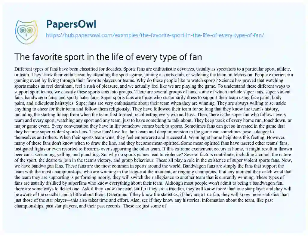 Essay on The favorite sport in the life of every type of fan