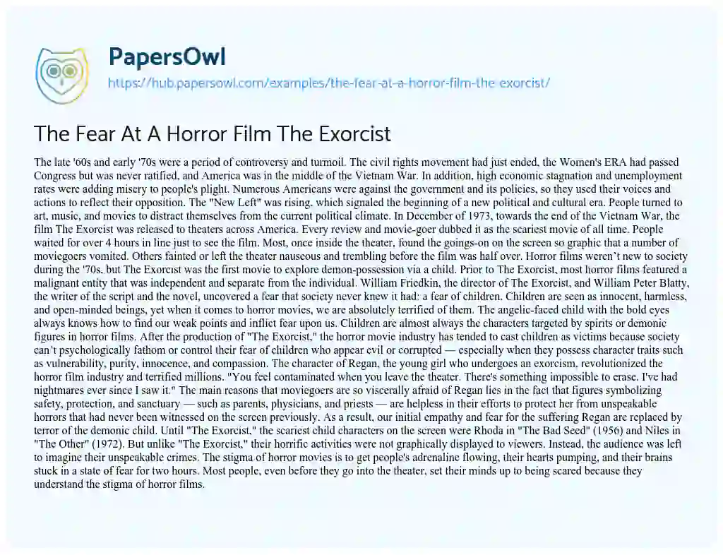 Essay on The Fear At A Horror Film The Exorcist