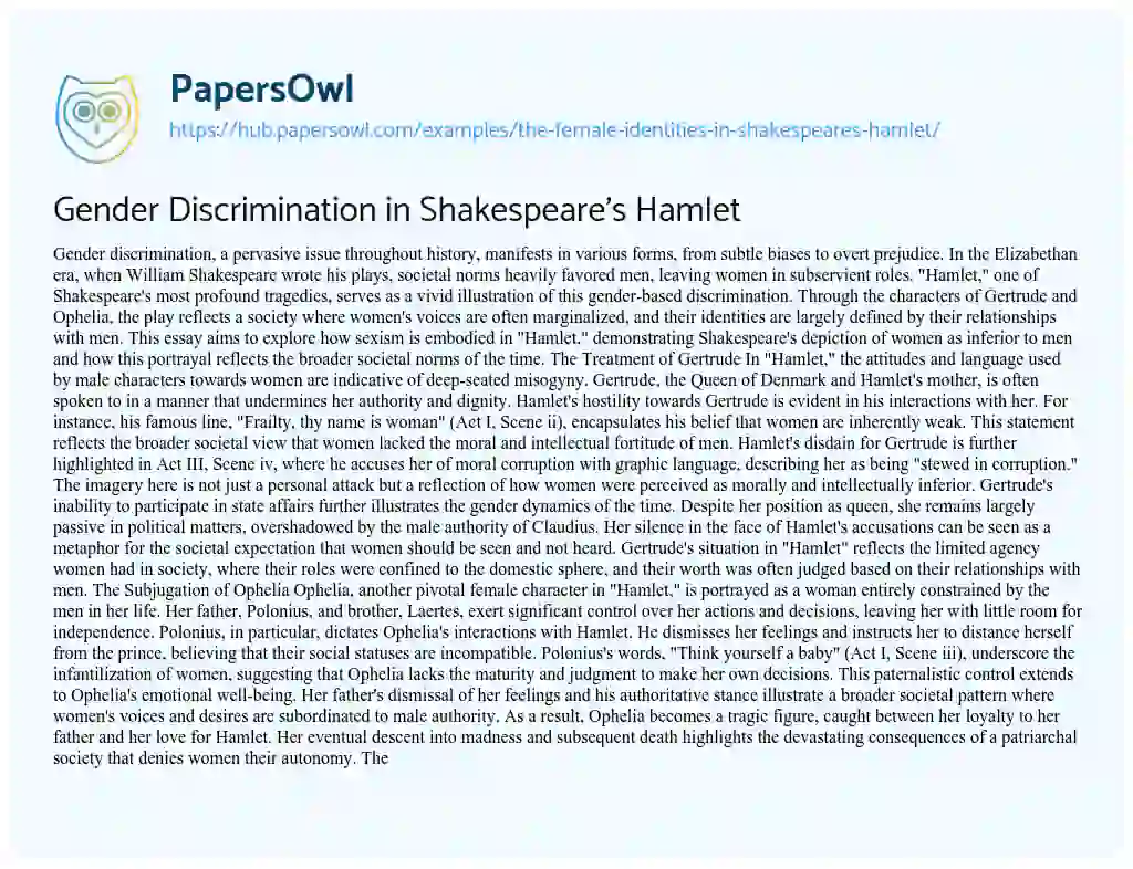 Essay on Gender Discrimination in Shakespeare’s Hamlet