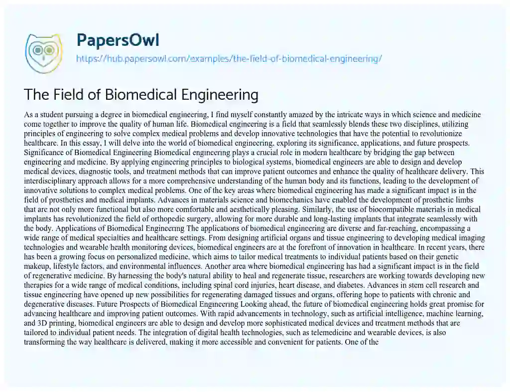 Essay on The Field of Biomedical Engineering