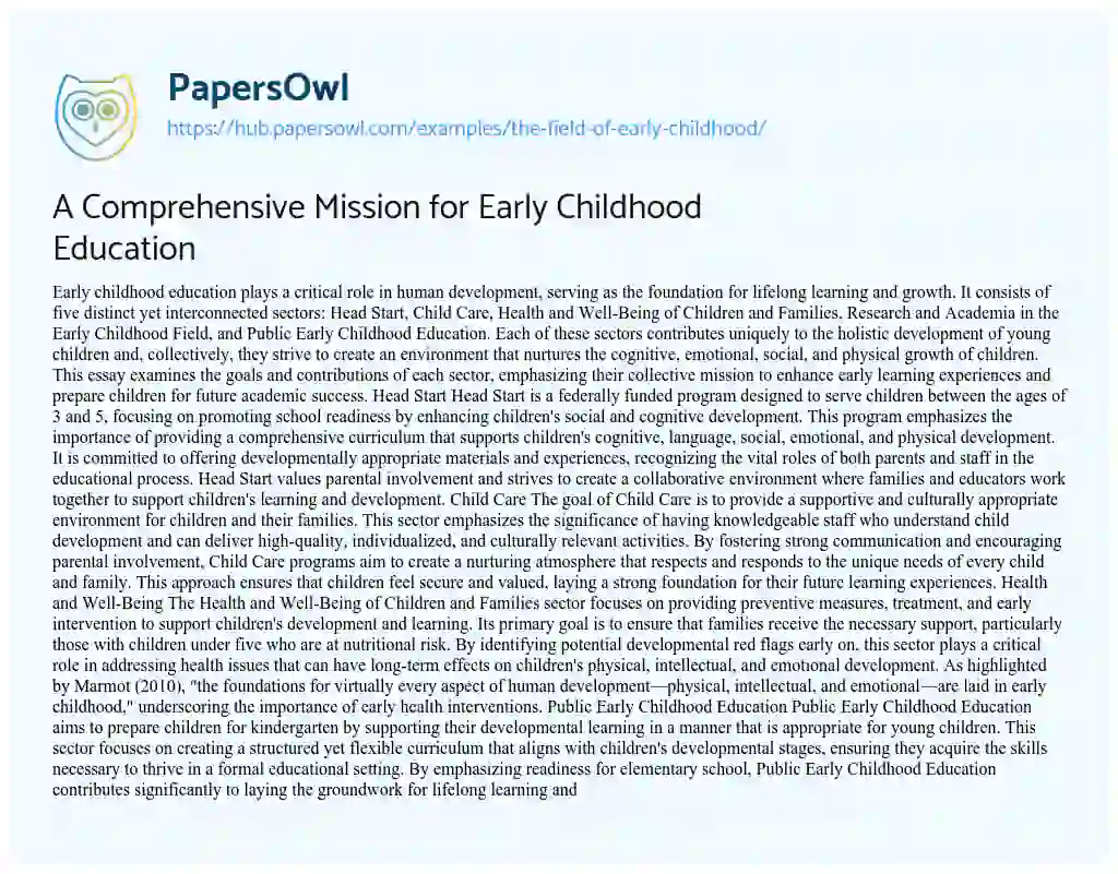 Essay on A Comprehensive Mission for Early Childhood Education