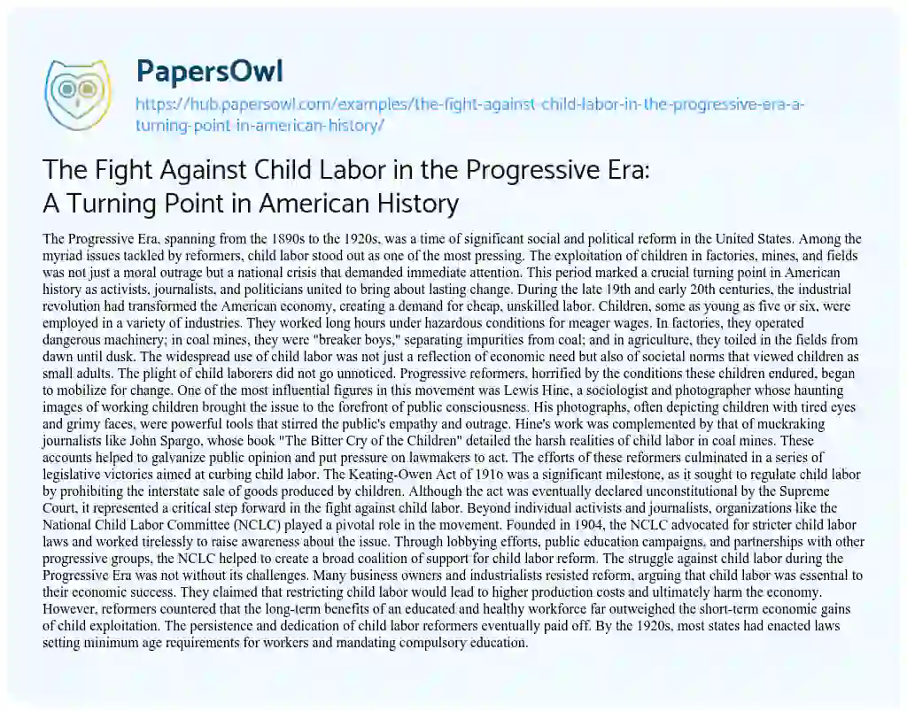 Essay on The Fight Against Child Labor in the Progressive Era: A Turning Point in American History