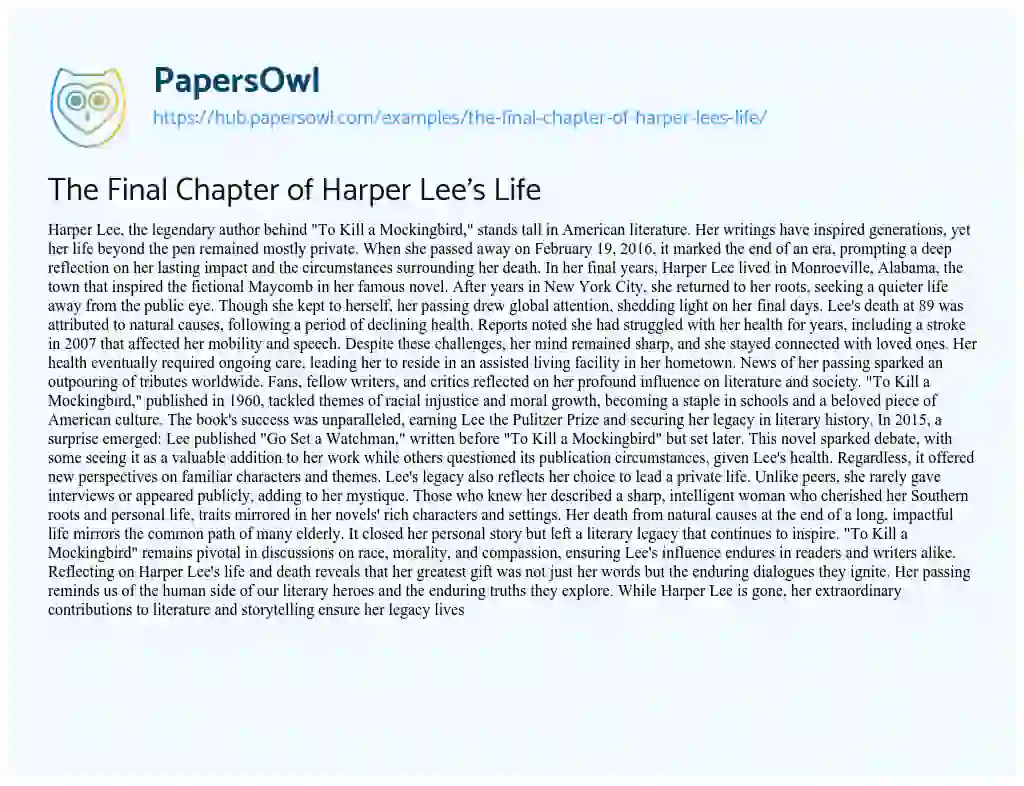 Essay on The Final Chapter of Harper Lee’s Life