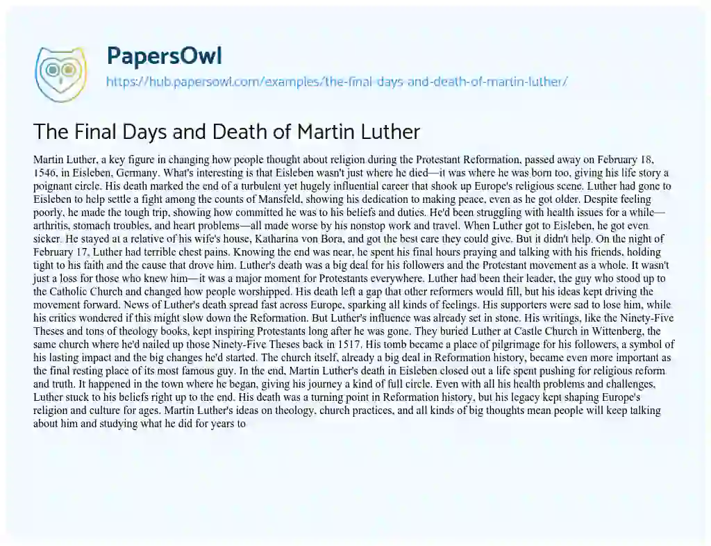Essay on The Final Days and Death of Martin Luther