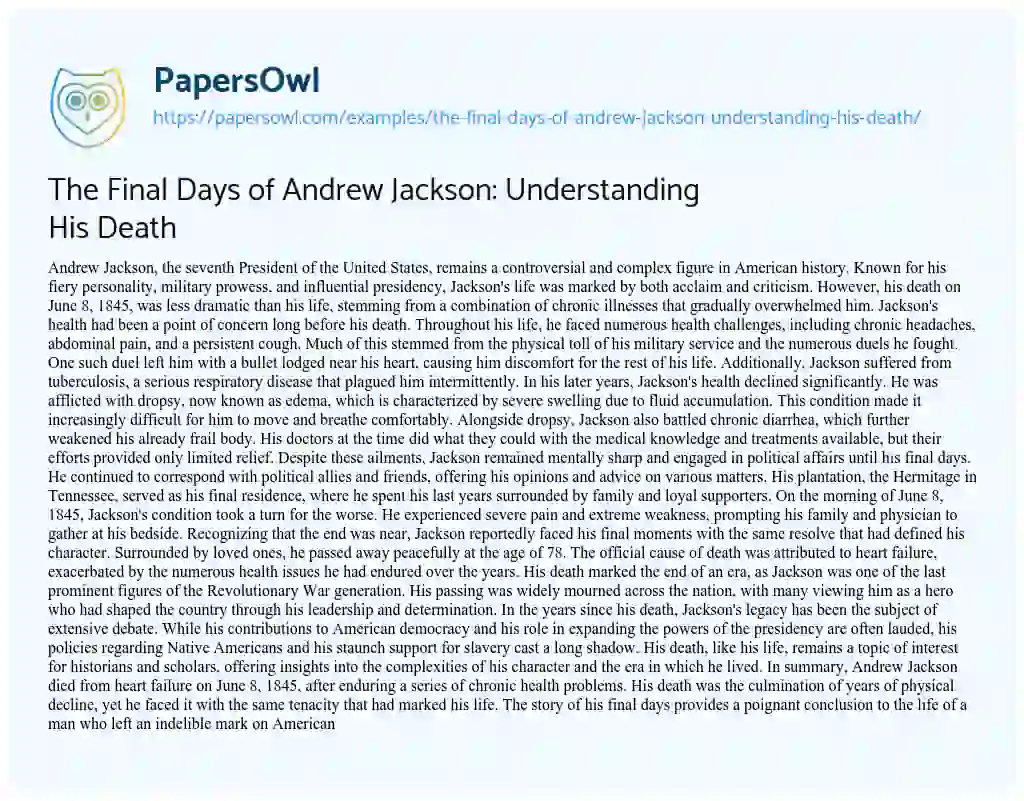 Essay on The Final Days of Andrew Jackson: Understanding His Death
