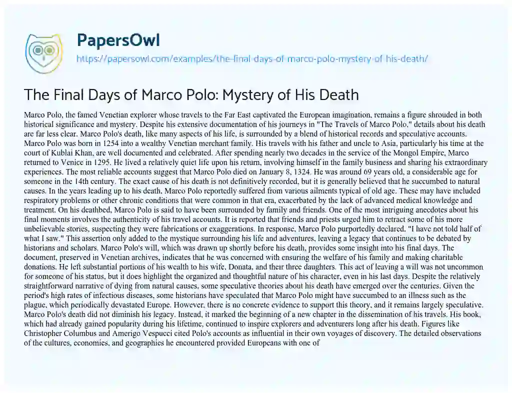 Essay on The Final Days of Marco Polo: Mystery of His Death
