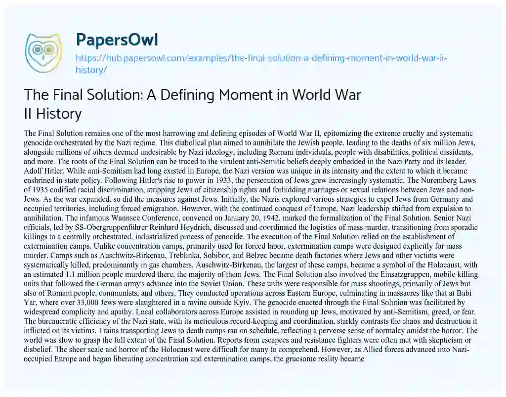 Essay on The Final Solution: A Defining Moment in World War II History