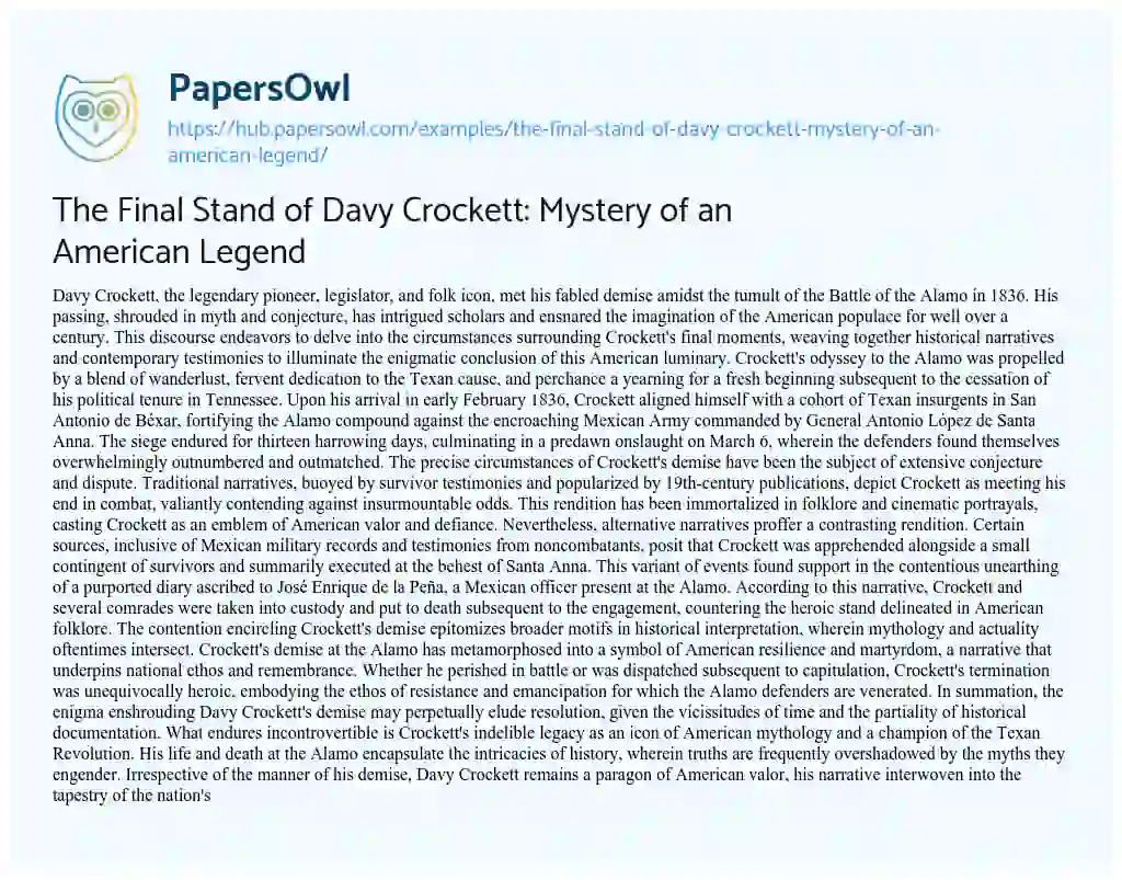 Essay on The Final Stand of Davy Crockett: Mystery of an American Legend