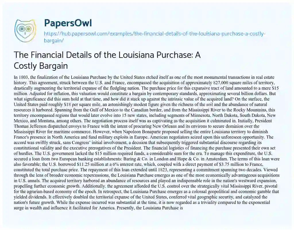 Essay on The Financial Details of the Louisiana Purchase: A Costly Bargain