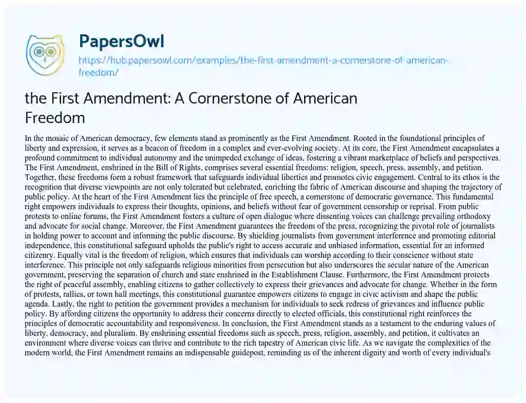 Essay on the First Amendment: A Cornerstone of American Freedom