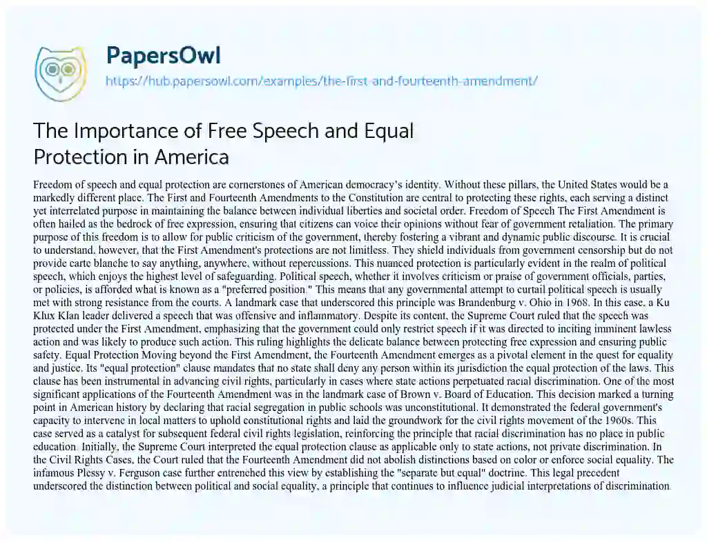 Essay on The Importance of Free Speech and Equal Protection in America