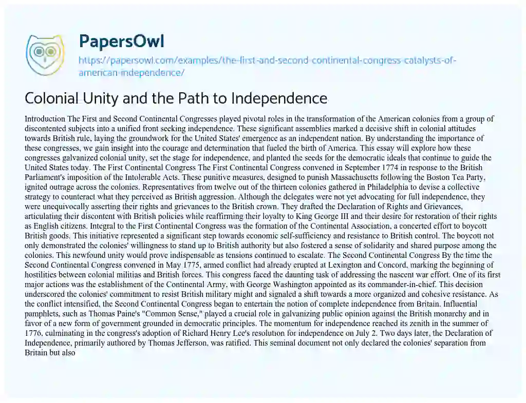 Essay on Colonial Unity and the Path to Independence