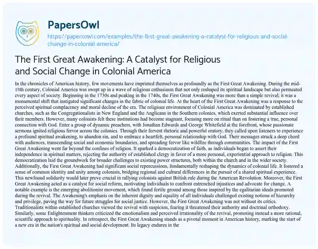 Essay on The First Great Awakening: A Catalyst for Religious and Social Change in Colonial America