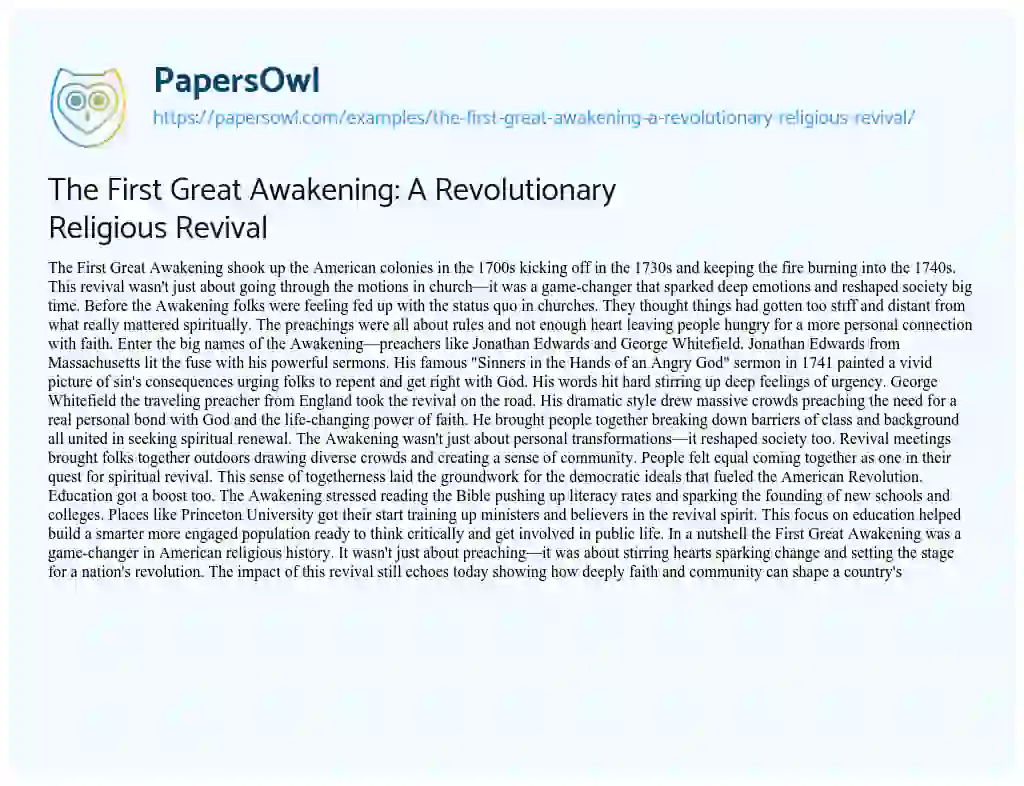 Essay on The First Great Awakening: A Revolutionary Religious Revival