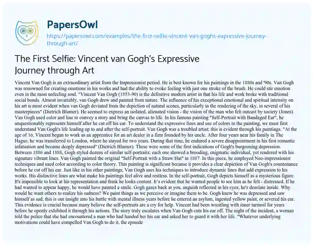 Essay on The First Selfie: Vincent van Gogh’s Expressive Journey through Art