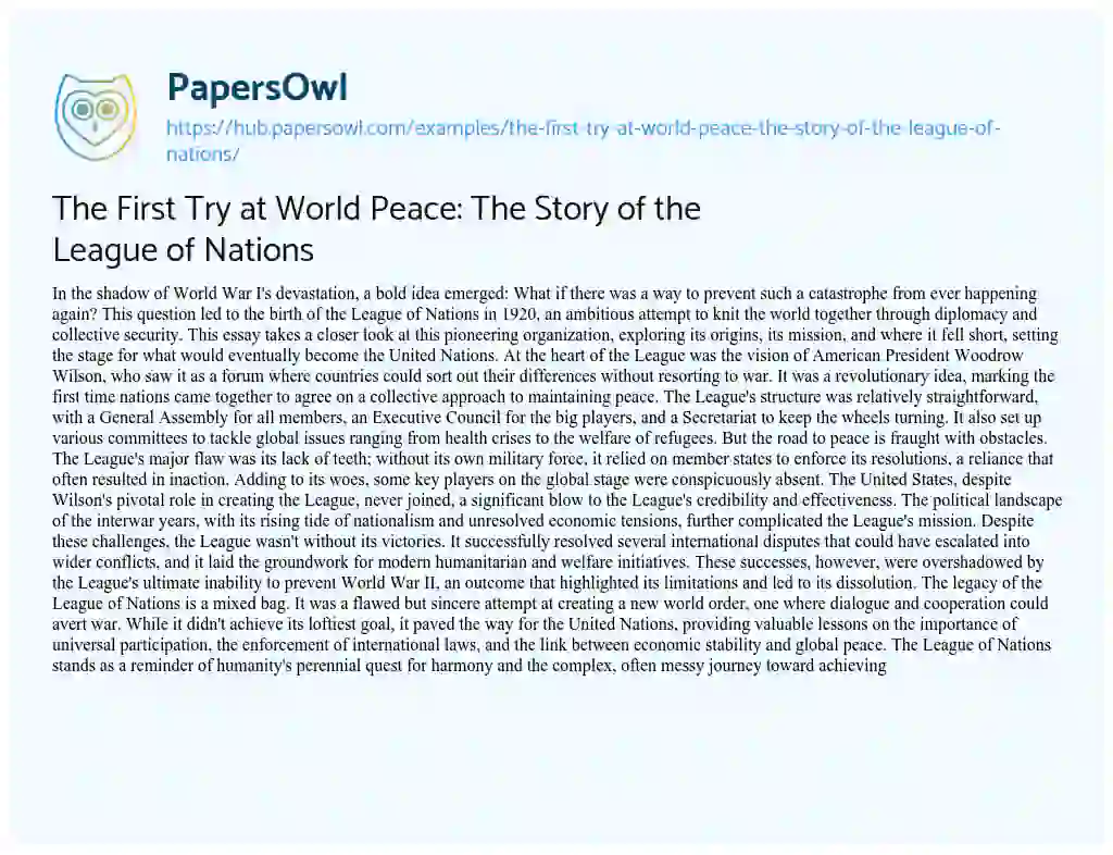 Essay on The First Try at World Peace: The Story of the League of Nations