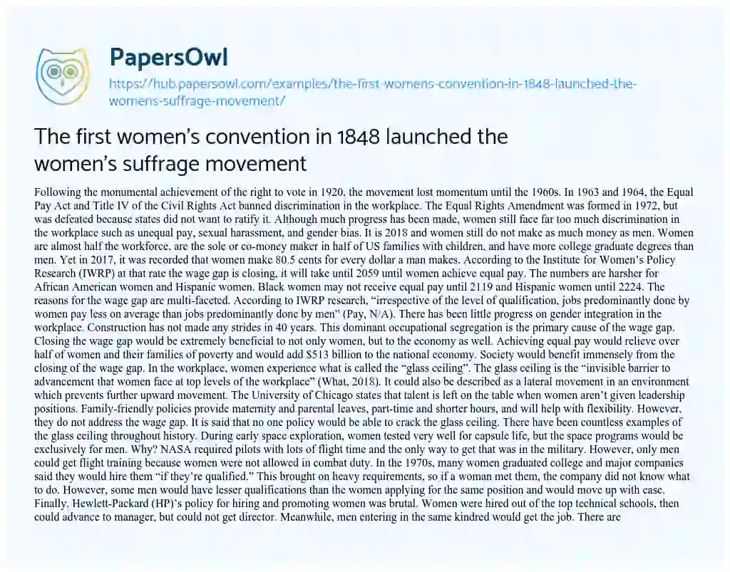 Essay on The first women’s convention in 1848 launched the women’s suffrage movement