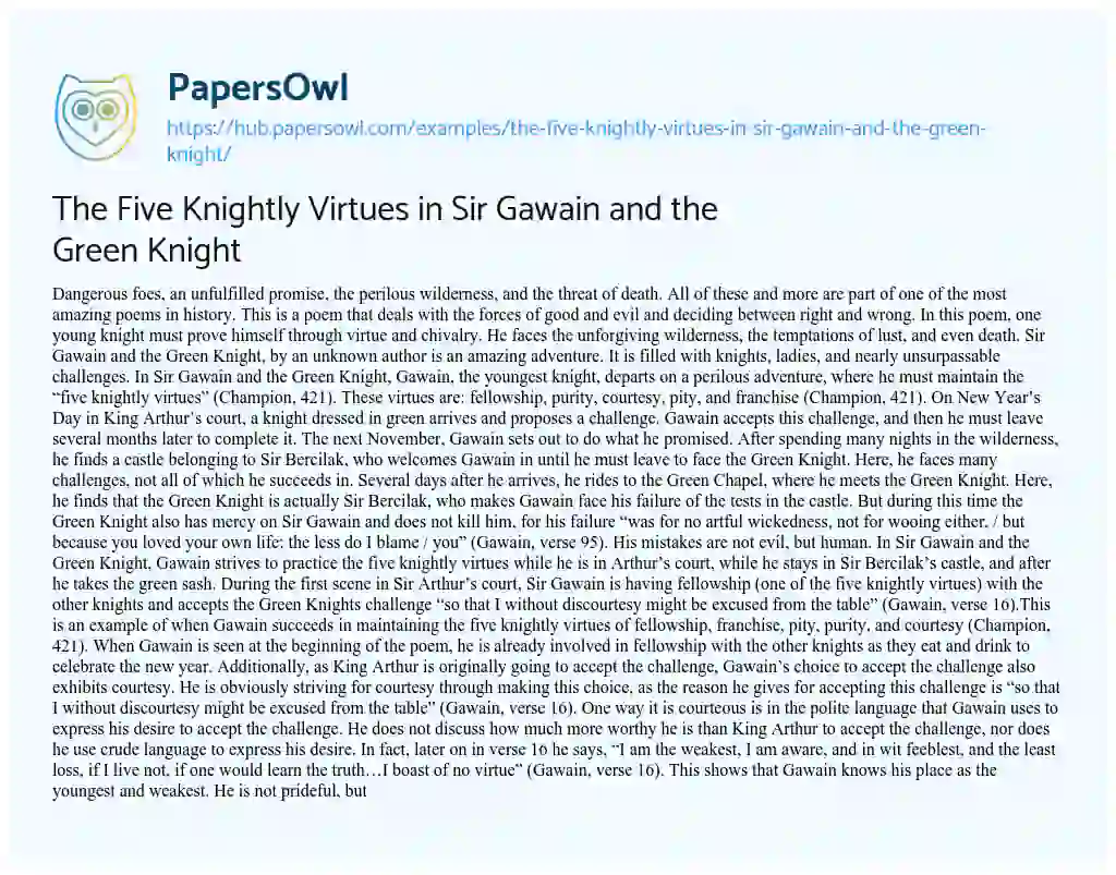 Essay on The Five Knightly Virtues in Sir Gawain and the Green Knight