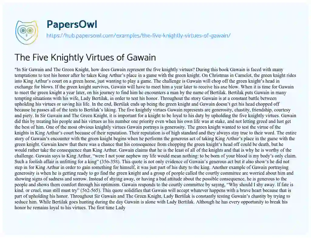 Essay on The Five Knightly Virtues of Gawain