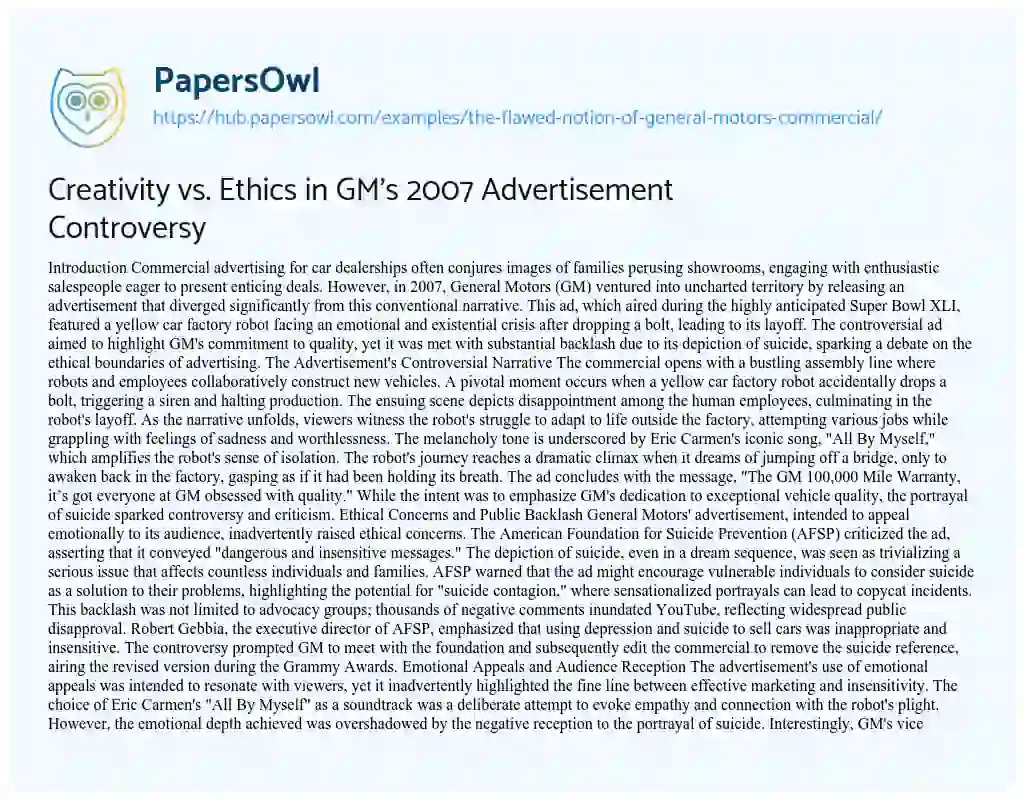 Essay on Creativity vs. Ethics in GM’s 2007 Advertisement Controversy