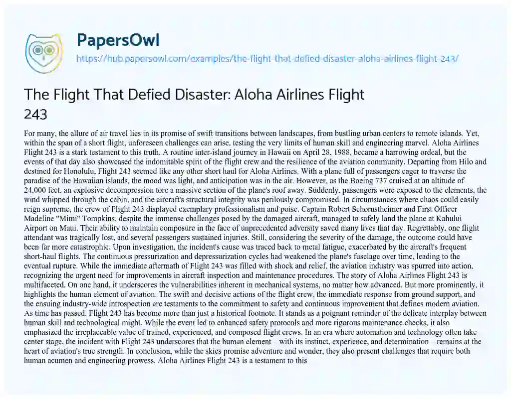 Essay on The Flight That Defied Disaster: Aloha Airlines Flight 243