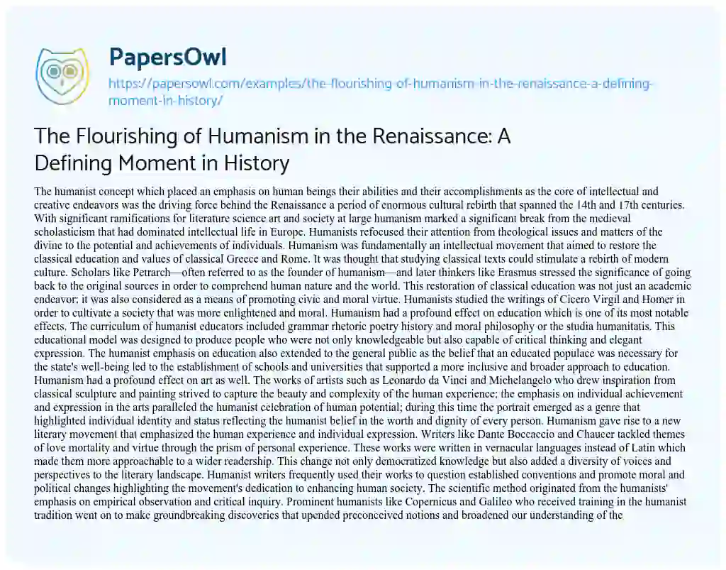 Essay on The Flourishing of Humanism in the Renaissance: A Defining Moment in History