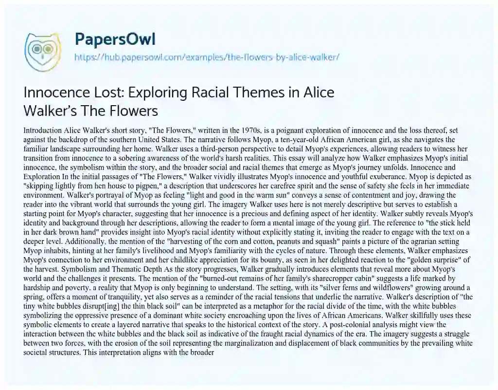 Essay on Innocence Lost: Exploring Racial Themes in Alice Walker’s The Flowers