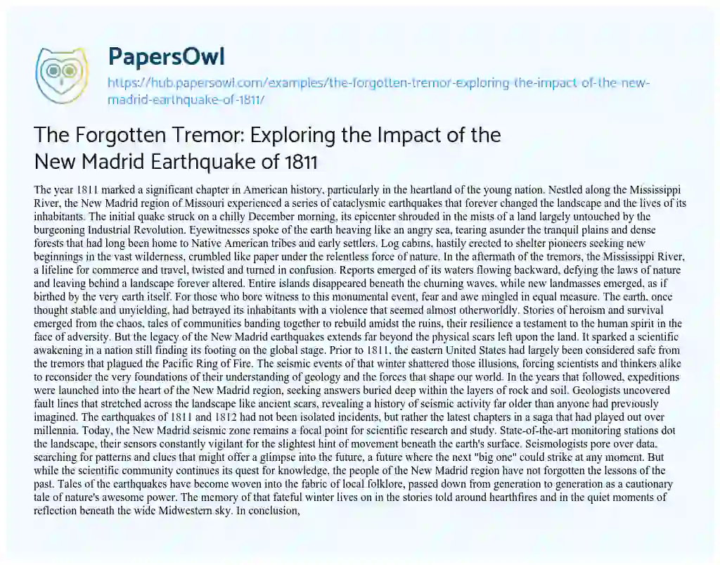 Essay on The Forgotten Tremor: Exploring the Impact of the New Madrid Earthquake of 1811