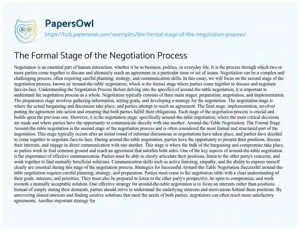 Essay on The Formal Stage of the Negotiation Process