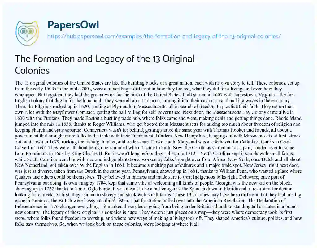 Essay on The Formation and Legacy of the 13 Original Colonies