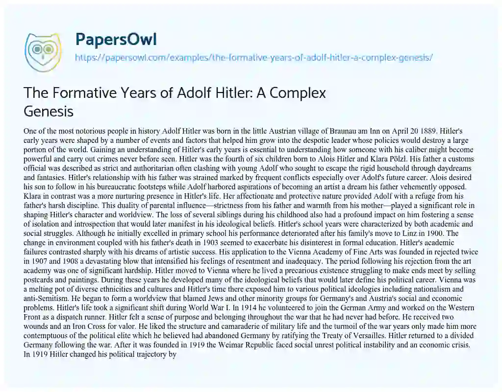 Essay on The Formative Years of Adolf Hitler: A Complex Genesis
