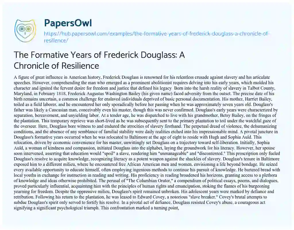 Essay on The Formative Years of Frederick Douglass: A Chronicle of Resilience